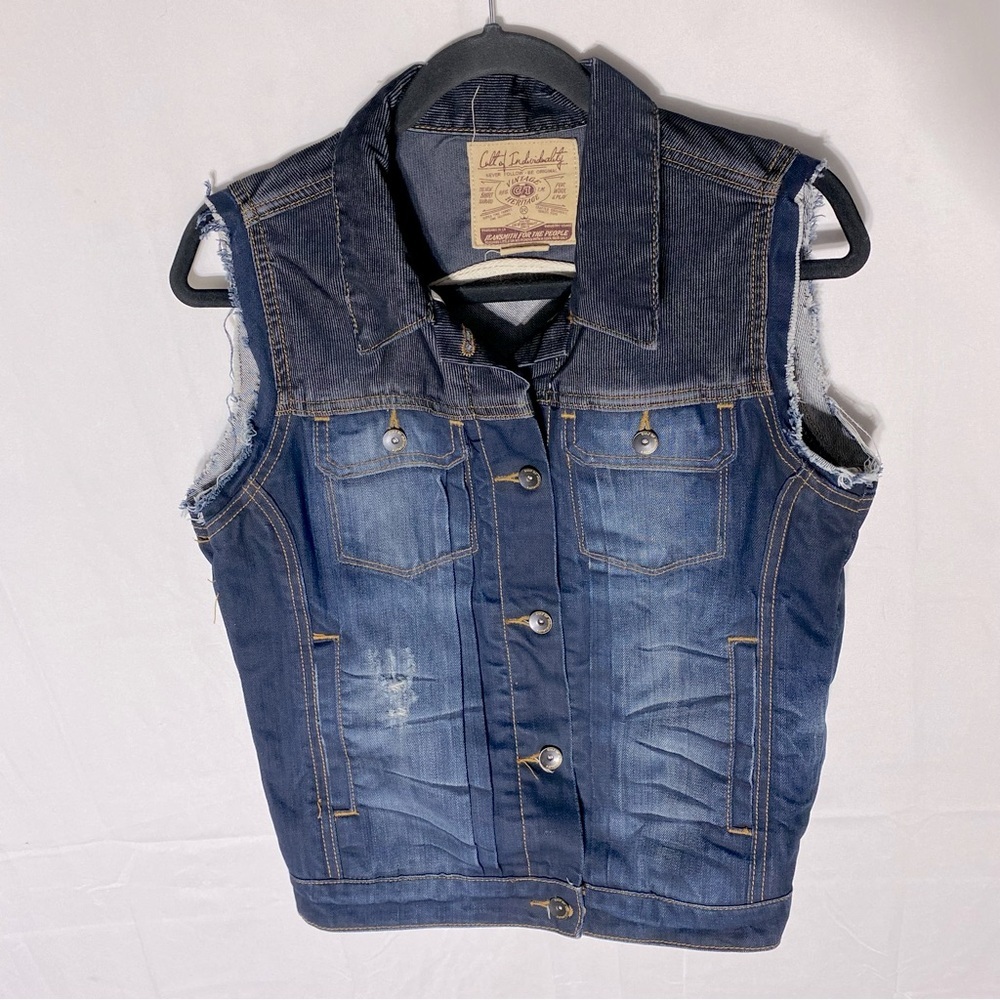 Cult Of Individuality Dark Wash Blue Black Distressed Denim Vest S